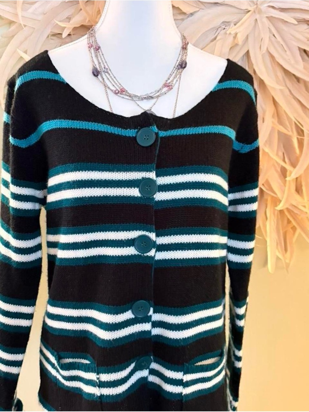 Carol Rose Striped Button-Front Cardigan - Black, Teal & White